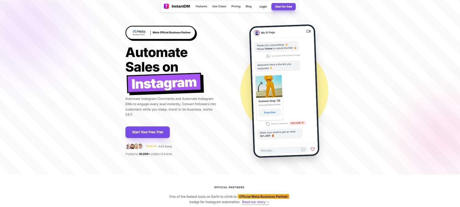 InstantDM landing page featuring the headline "Automate Sales on Instagram" next to a smartphone mockup showing an automated direct message conversation.