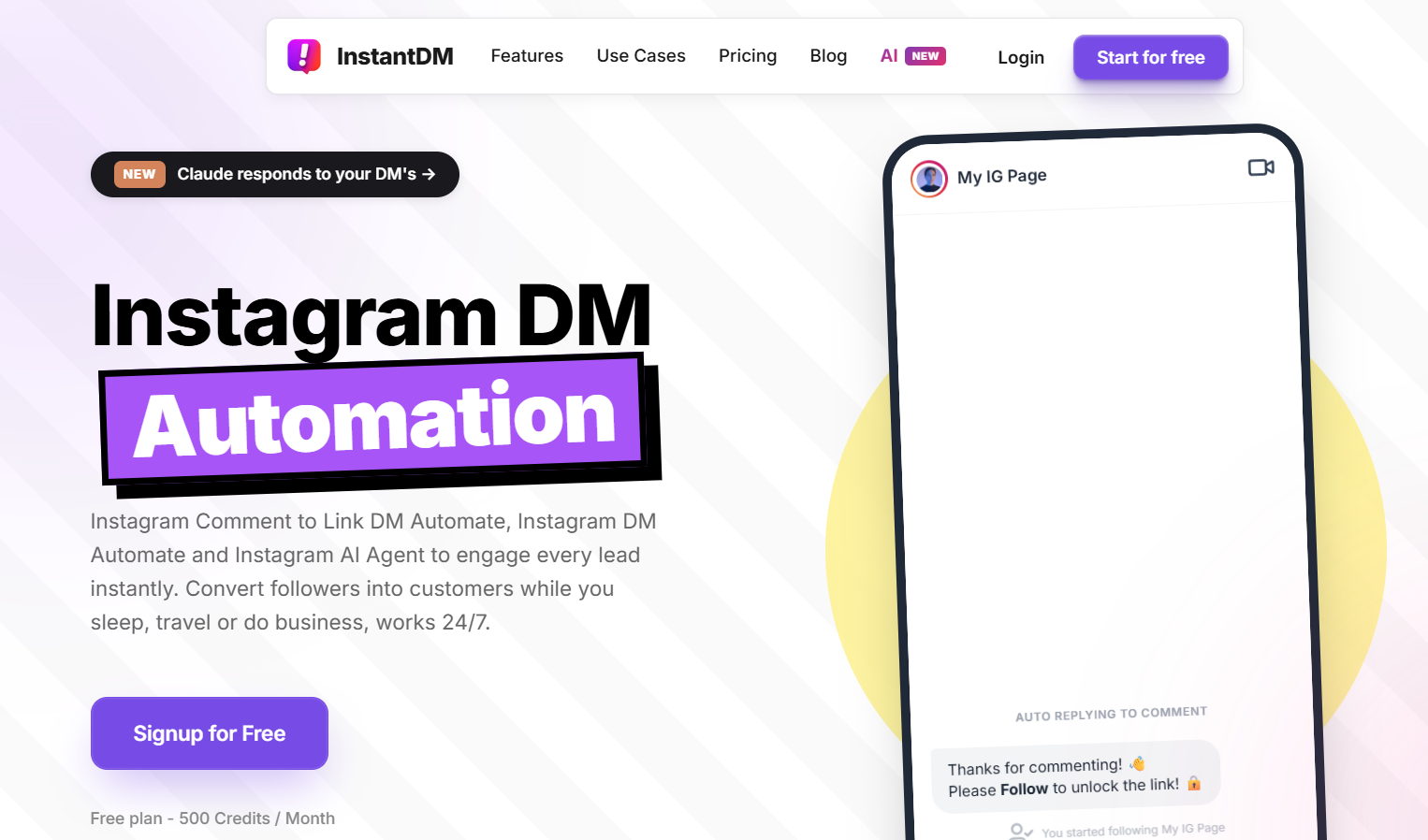 A screenshot of the InstantDM website homepage featuring a floating top header bar and a background with light purple diagonal stripes. On the left, the main text reads 