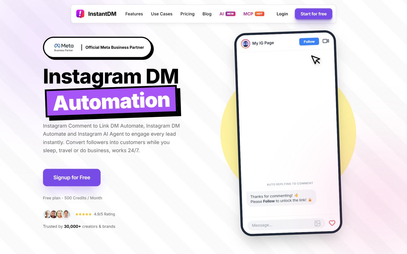 InstantDM homepage screenshot, August 2026