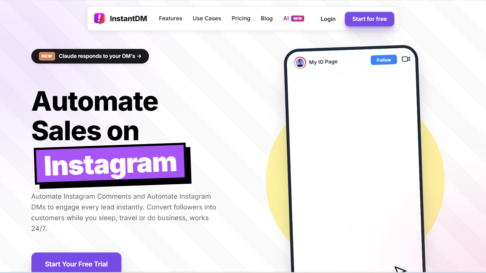 A screenshot of the InstantDM website header featuring the headline 'Automate Sales on Instagram.' Beside the text is a smartphone mockup showing a DM automation sequence with a product link and an email capture prompt.