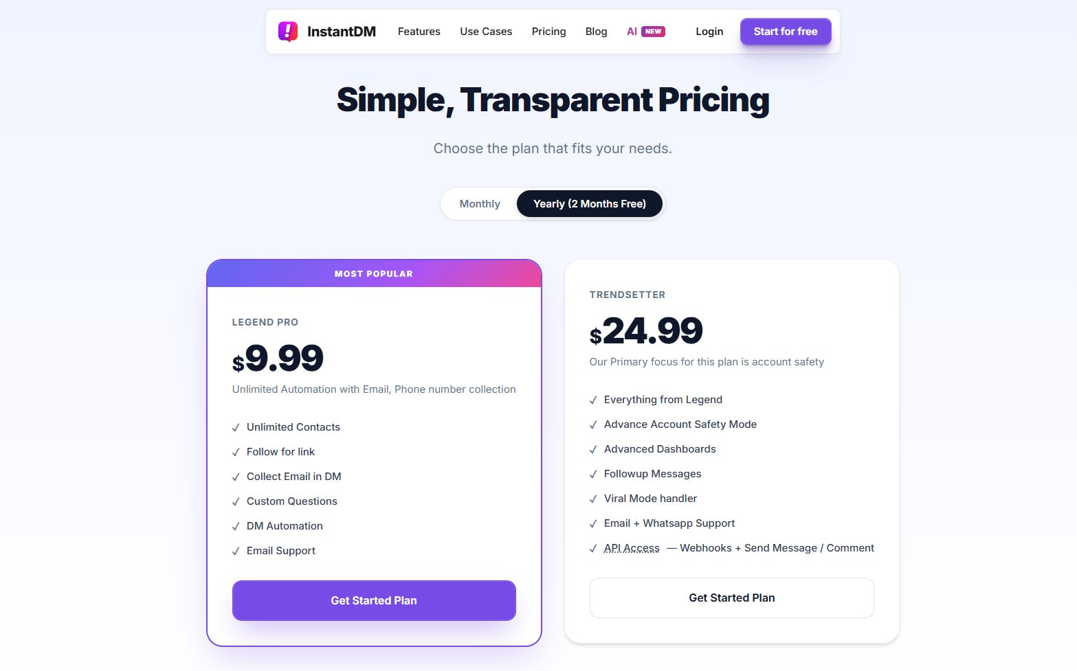 instantdm pricing page