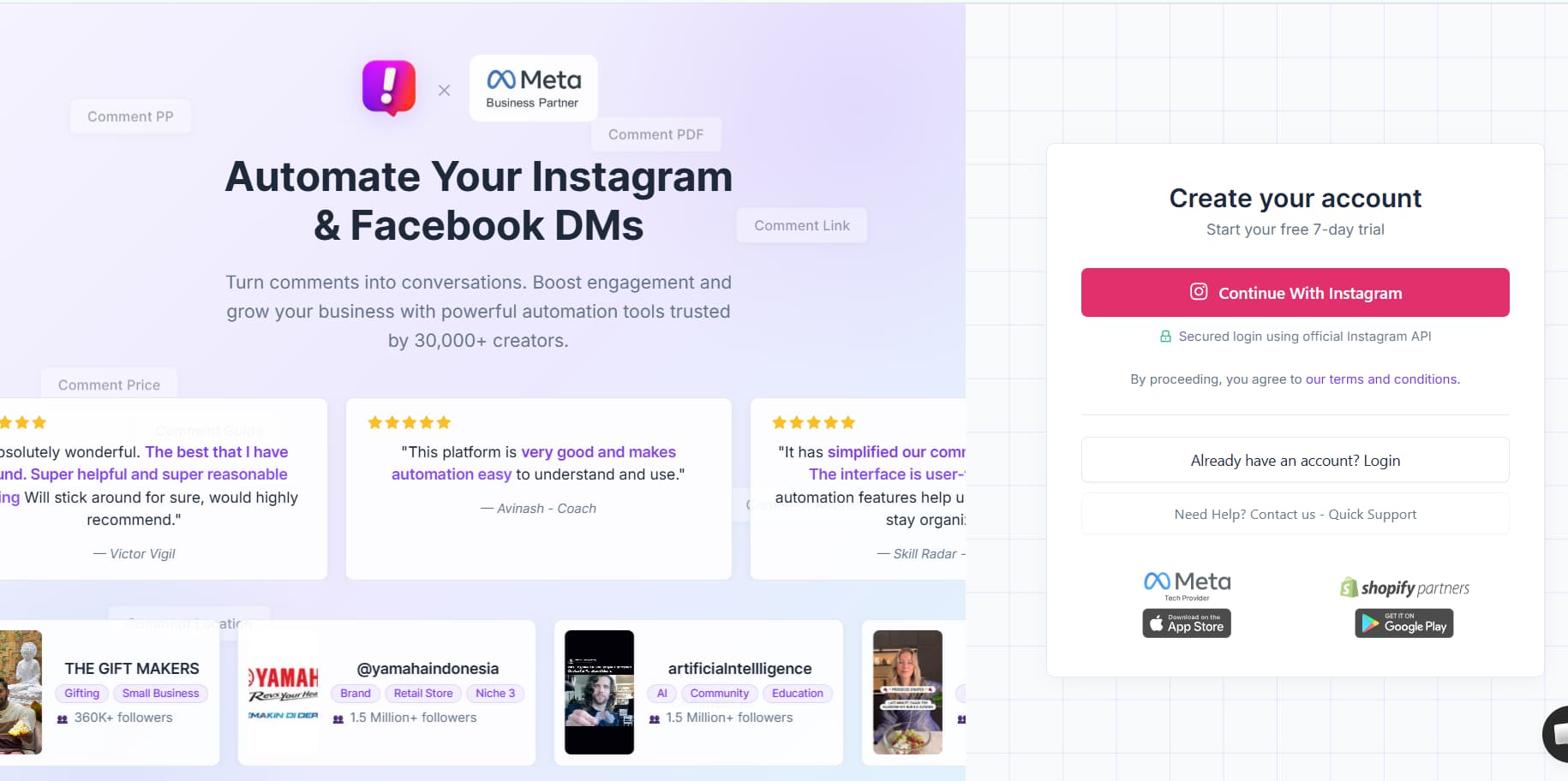 Here is a detailed alternative text description for the image image_2c7edd.jpg:
Alt Text:
A split-screen webpage layout showcasing a marketing automation platform on the left and an account creation sign-up box on the right.
Left Side (Marketing & Features): * Set against a light purple gradient background, the main headline reads,