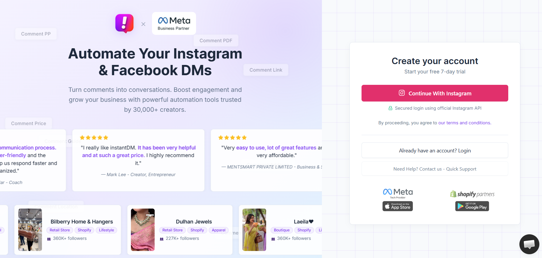 Screenshot of the InstantDM signup page showing a 