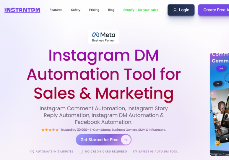 Website homepage for InstantDM featuring the headline “Instagram DM Automation Tool for Sales & Marketing.” The page highlights Meta Business Partner status, mentions automation for comments, stories, DMs, and Facebook, and includes a “Get Started for Free” button along with trust indicators and navigation options like features, pricing, and blog.