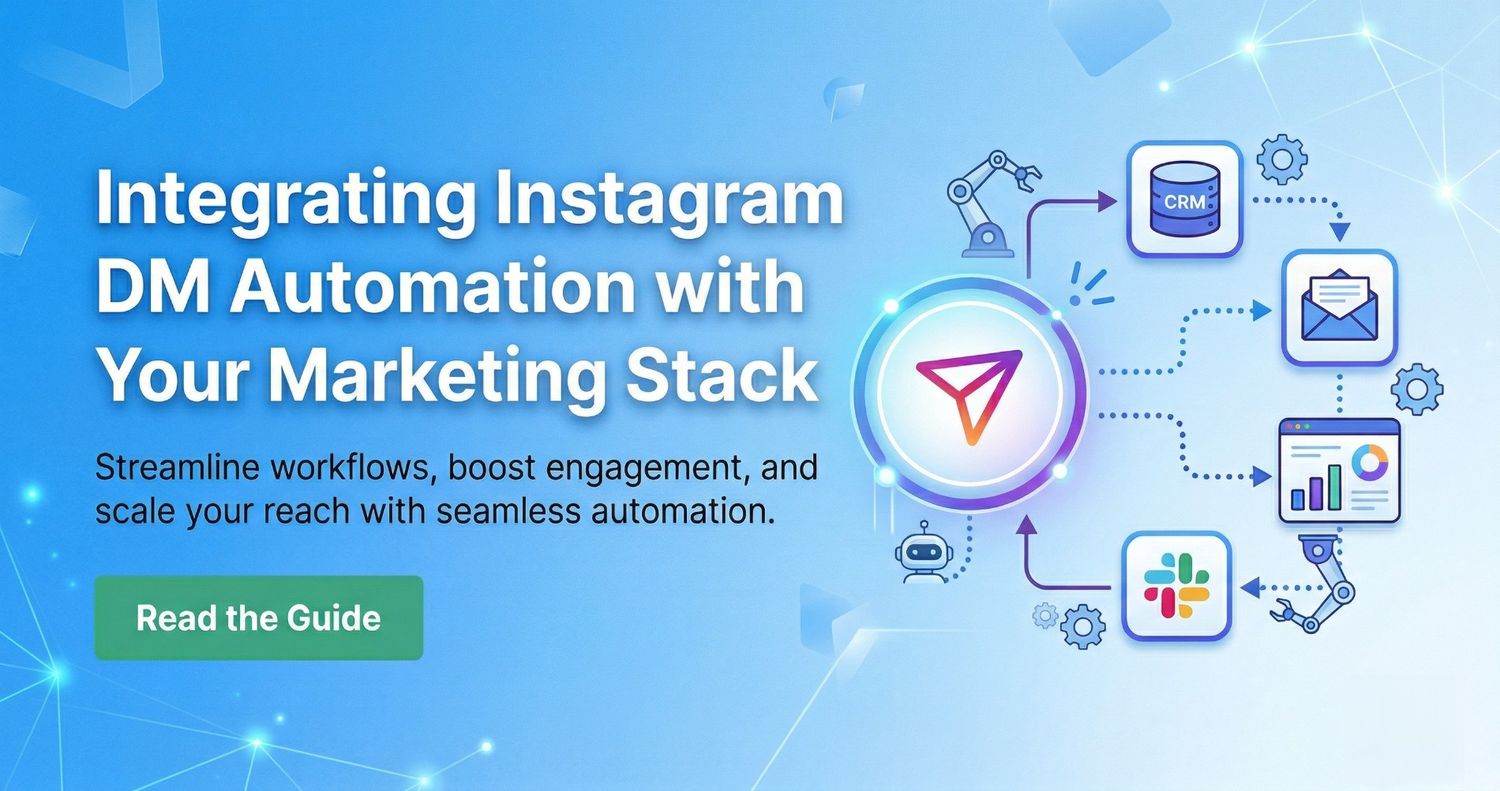 A high-impact banner titled \"Integrating Instagram DM Automation with Your Marketing Stack,\" featuring a central automation icon connecting to a CRM, email, analytics, and team collaboration tools like Slack via robotic arms and digital data paths.