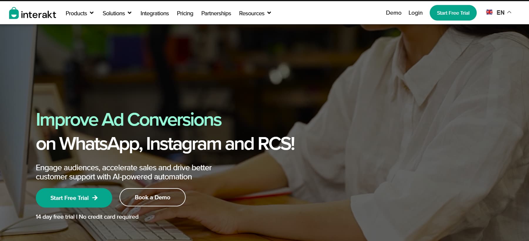 Interakt website homepage showcasing AI-powered WhatsApp, Instagram, and RCS automation for improving ad conversions, sales, and customer support.