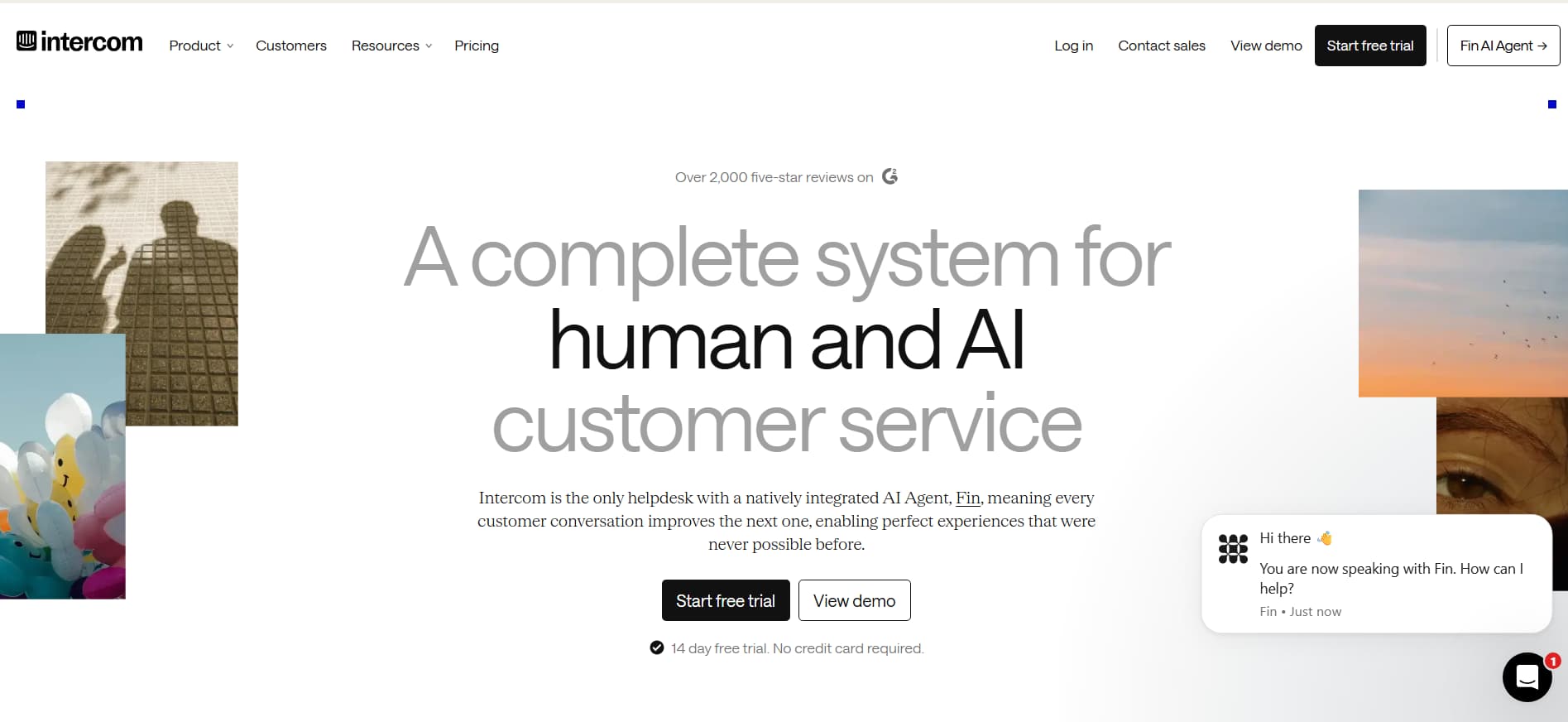 Intercom website hero section promoting an AI-powered customer service system for human and AI support, featuring the Fin AI Agent, free trial and demo buttons, customer imagery, and an AI chat widget.