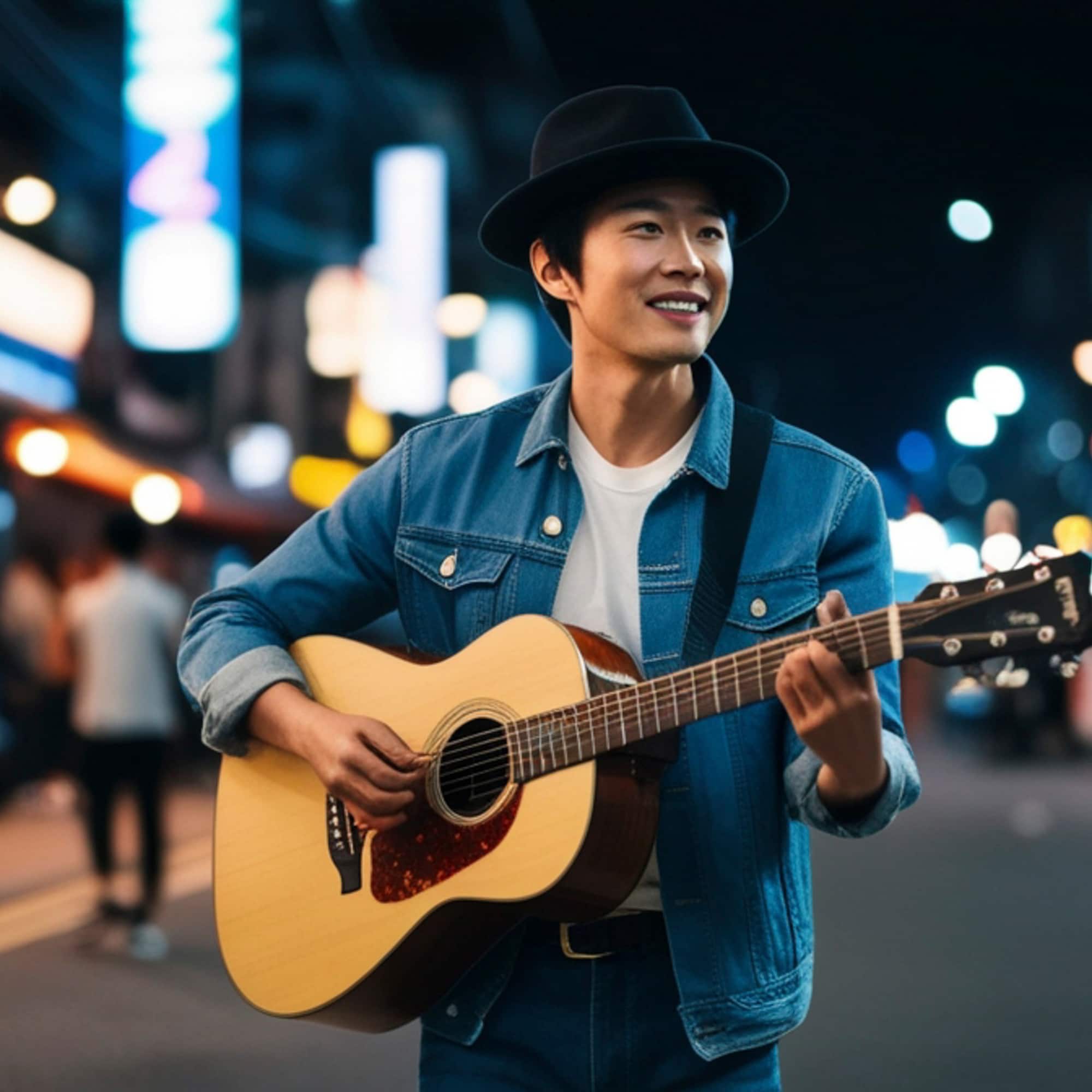 Man playing an acoustic guitar on a city street at night, smiling while wearing a hat and denim jacket with blurred lights in the background.