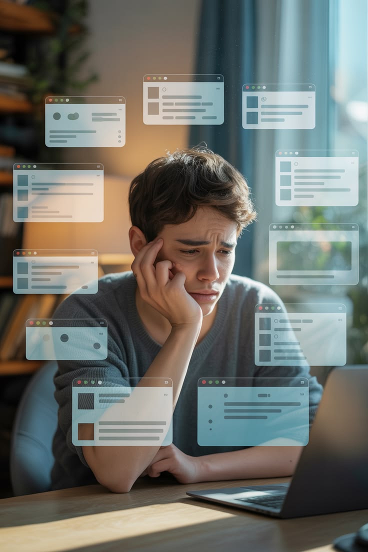 A man rests his head on his hand at a desk in front of a laptop, surrounded by translucent floating social media notification panels