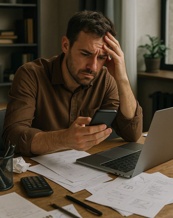 A worried man at a desk holds his phone with one hand pressed to his forehead, with a laptop and printed pages in front of him