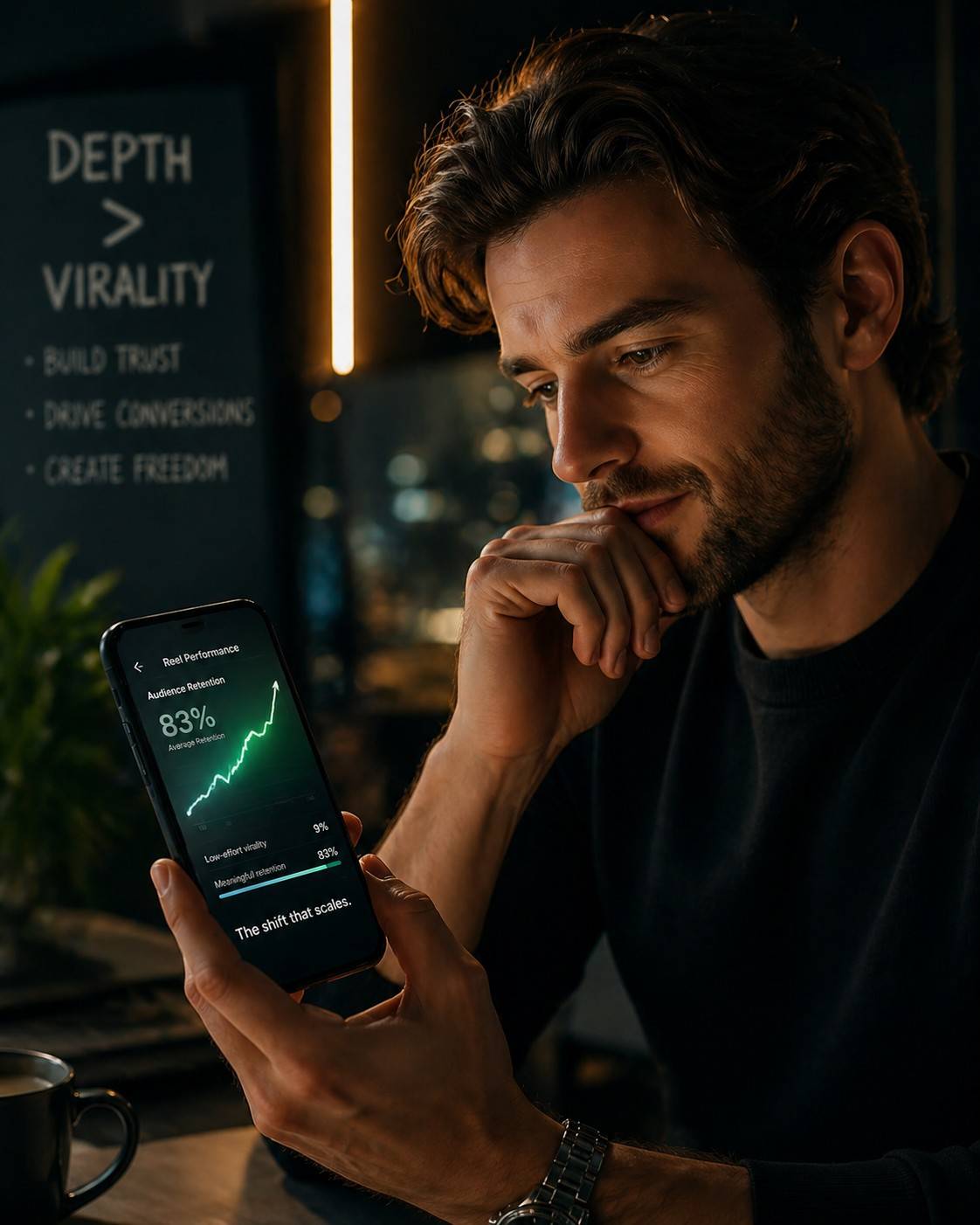 A man rests his chin on his hand while looking at a phone showing an audience retention chart in a dim room