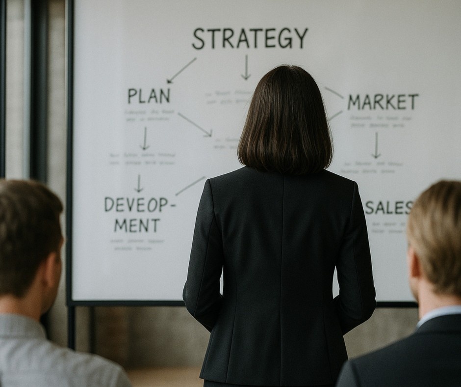 A professional woman in a black blazer viewed from behind, standing before a whiteboard that displays a strategic flow chart connecting keywords like "STRATEGY," "PLAN," and "DEVELOPMENT."