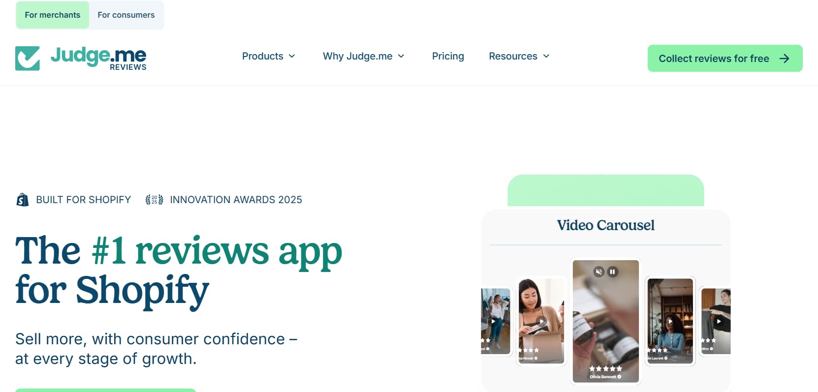 Judge.me website homepage showcasing its Shopify product reviews app, video reviews, and customer review features.