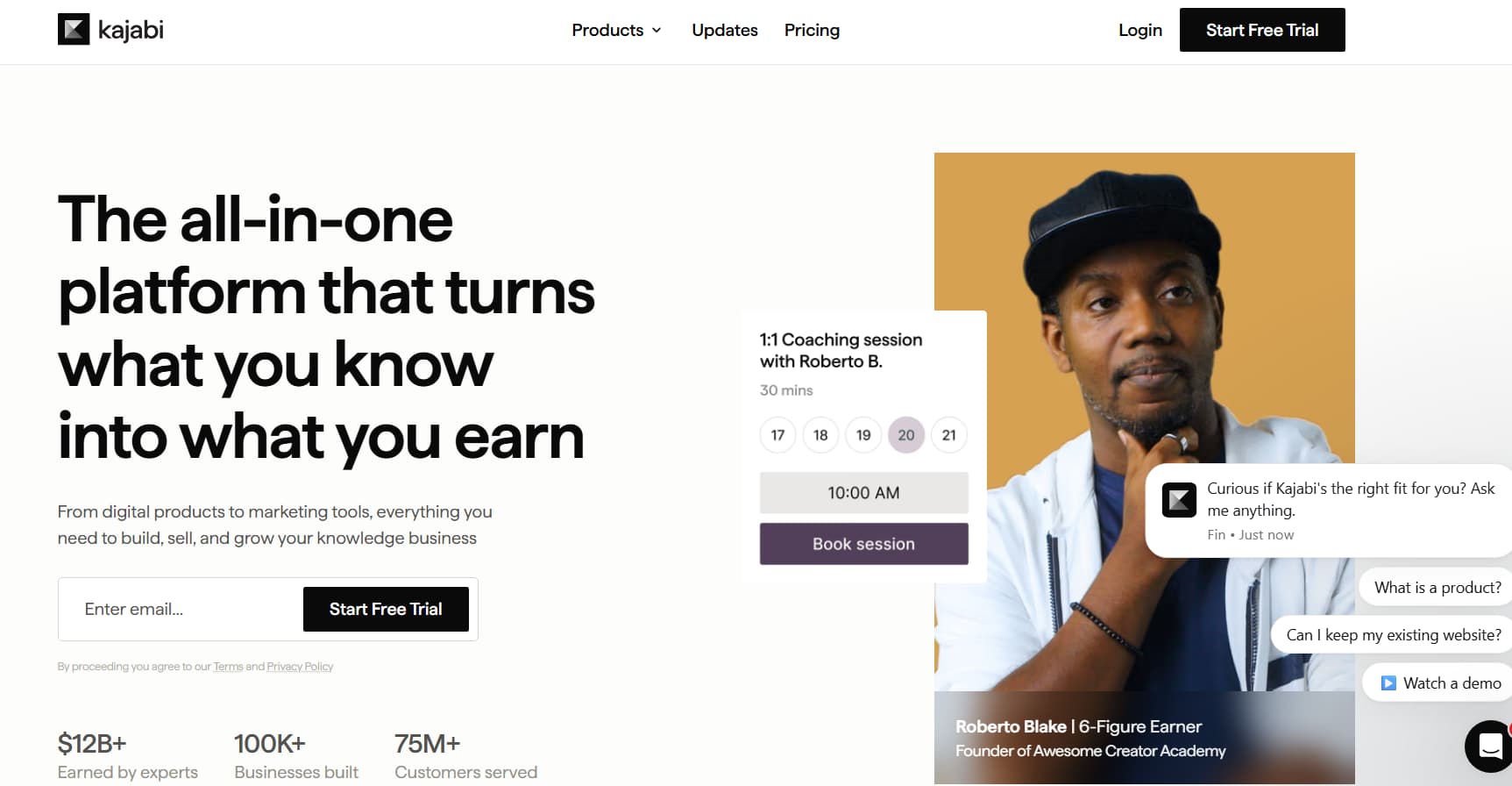 Kajabi homepage showcasing its all-in-one platform for digital products and knowledge businesses, with coaching session scheduling, customer messaging, and a creator profile.
