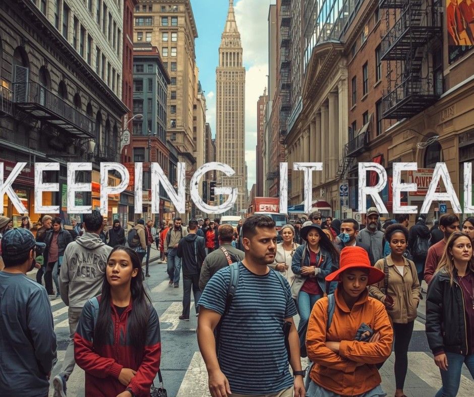 A cinematic, wide-angle shot of a busy city street with people walking toward the camera, overlaid with the text 'KEEPING IT REAL' in a textured, white font, representing the 2026 trend toward authentic content.