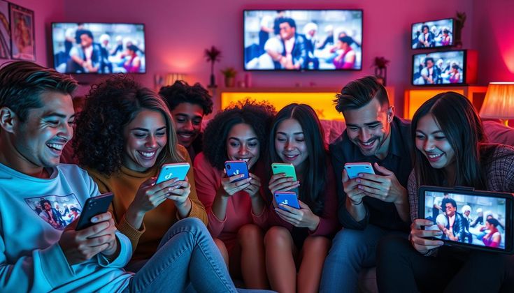 A vibrant, neon-lit room where a diverse group of young adults are sitting together on a couch, all smiling and intensely focused on their individual smartphones and tablets. In the background, multiple large television screens display the same video content, yet the group remains captivated by their handheld devices, illustrating high digital engagement and the power of short-form content.