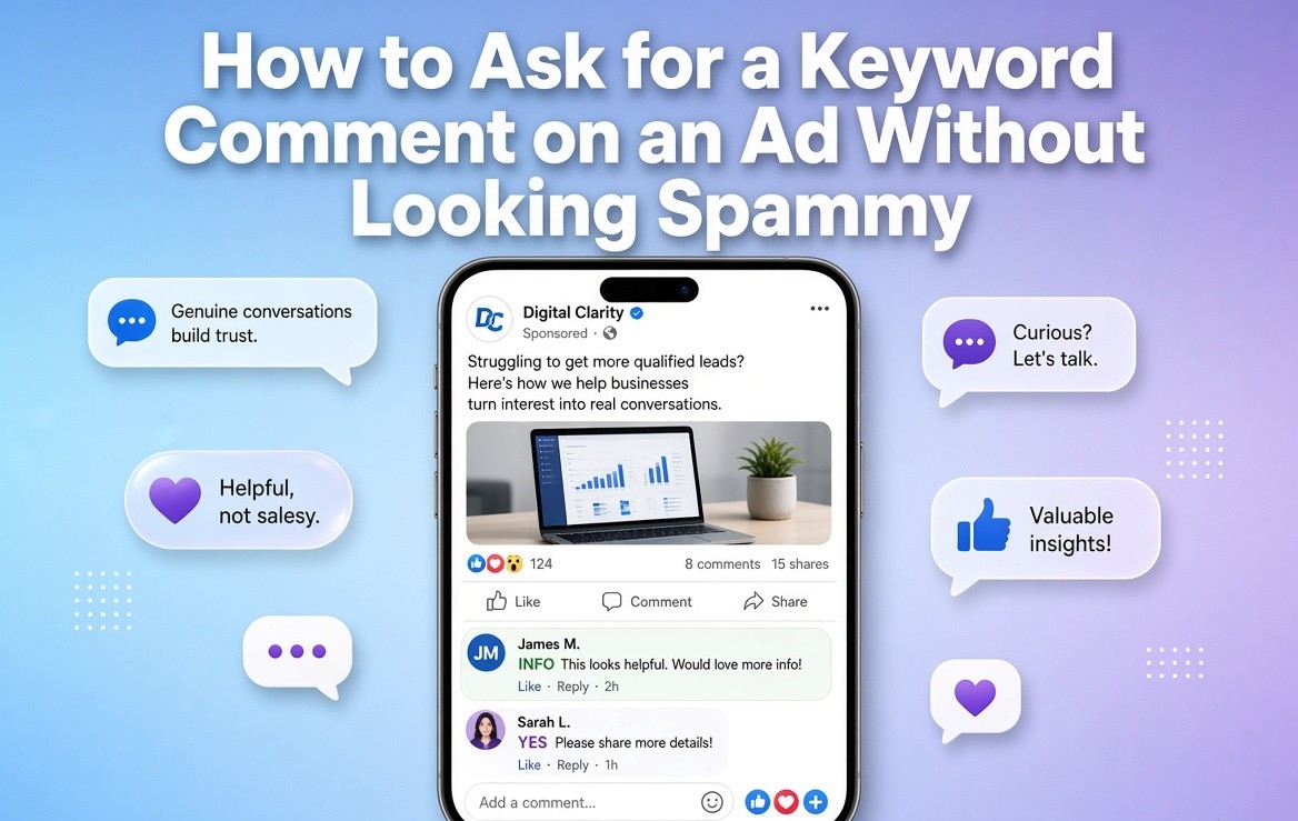 Hero image for a blog post titled How to Ask for a Keyword Comment on an Ad Without Looking Spammy. A smartphone displays a clean social media ad with natural keyword comments like INFO and YES, surrounded by friendly speech bubbles promoting genuine conversations, on a soft blue-to-purple gradient background with the bold title text overlaid at the top.
