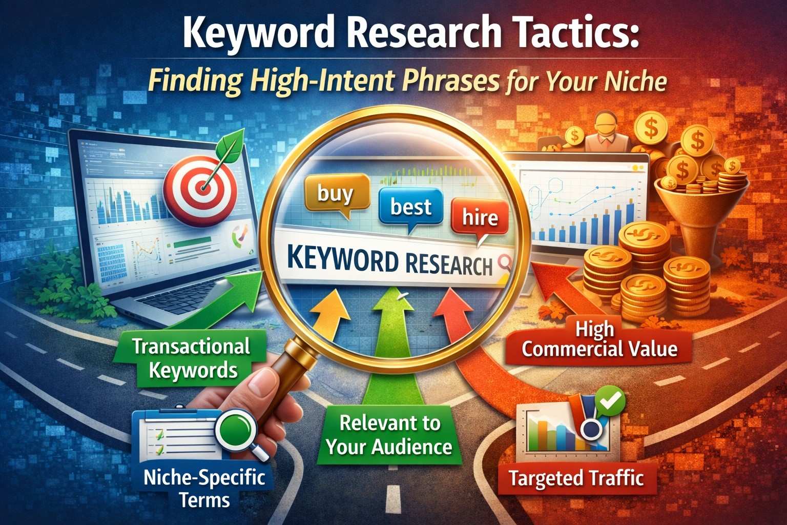 SEO marketing graphic illustrating the process of finding high-intent keywords. The visual uses a road metaphor to connect niche-specific terms to targeted traffic and commercial value, featuring icons of targets, coins, and data charts on laptop screens.