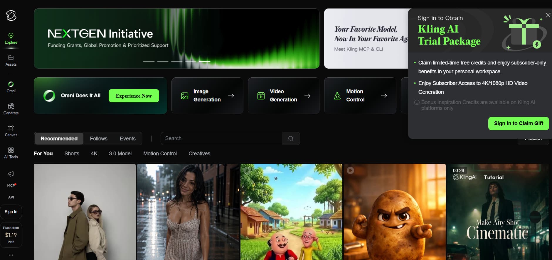 Kling AI dashboard displaying AI creative tools, including image generation, video generation, motion control, and Omni features. The interface showcases recommended AI-generated content, a search bar, a left-side navigation menu, and a pop-up promoting a free Kling AI trial package with sign-in benefits.