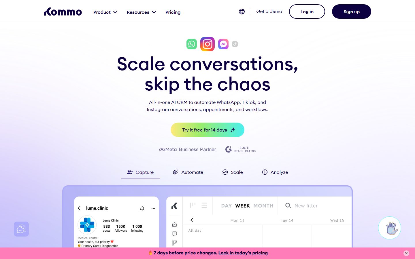 Kommo homepage, August 2026, AI CRM for WhatsApp, TikTok, and Instagram