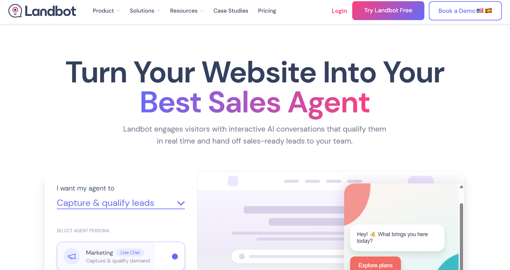 Landbot website hero section promoting an AI sales agent that engages and qualifies website visitors in real time, with an interactive lead-capture agent interface and demo conversation.