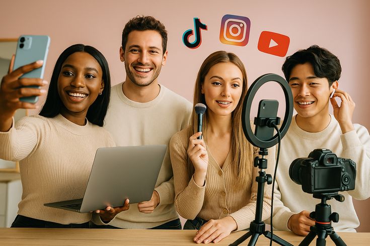 Four diverse, smiling individuals pose together behind a desk equipped with a ring light setup and a digital camera, holding items like a smartphone, laptop, and makeup brush. Above them float the logos for TikTok, Instagram, and YouTube, highlighting a clear theme of social media content creation and influencer marketing.
