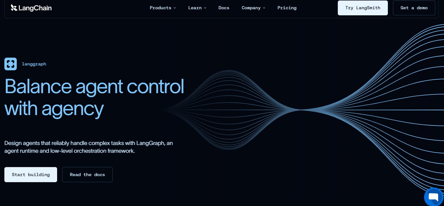 LangChain LangGraph webpage showing “Balance agent control with agency” alongside blue flowing lines on a dark background.