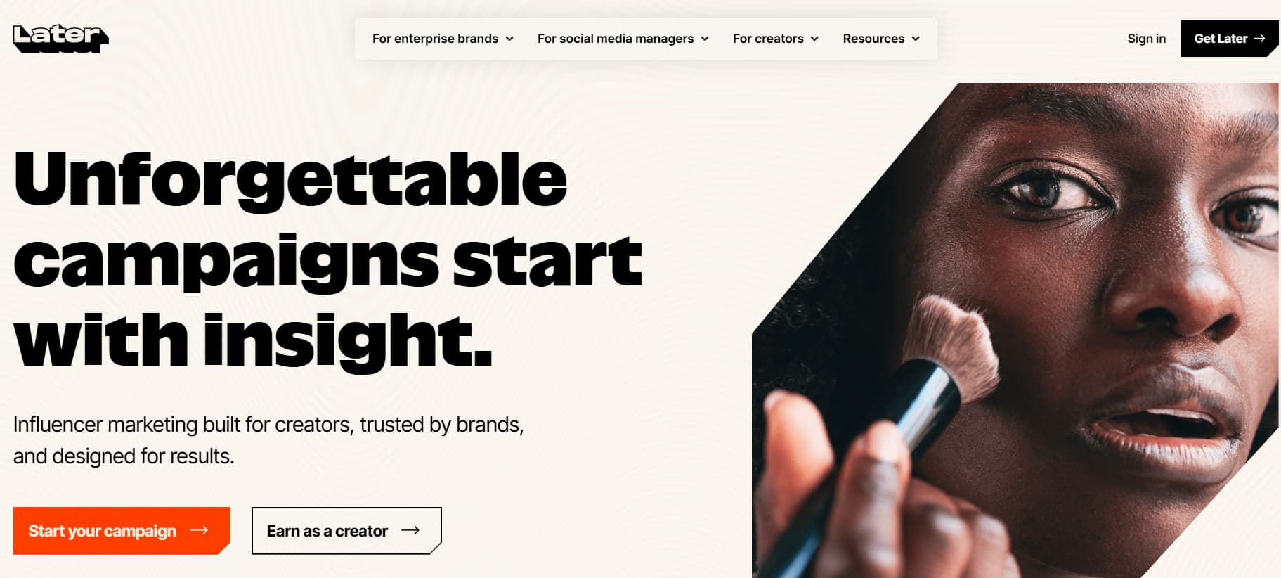 A screenshot of the Later website homepage showing the top navigation header and a main headline reading 
