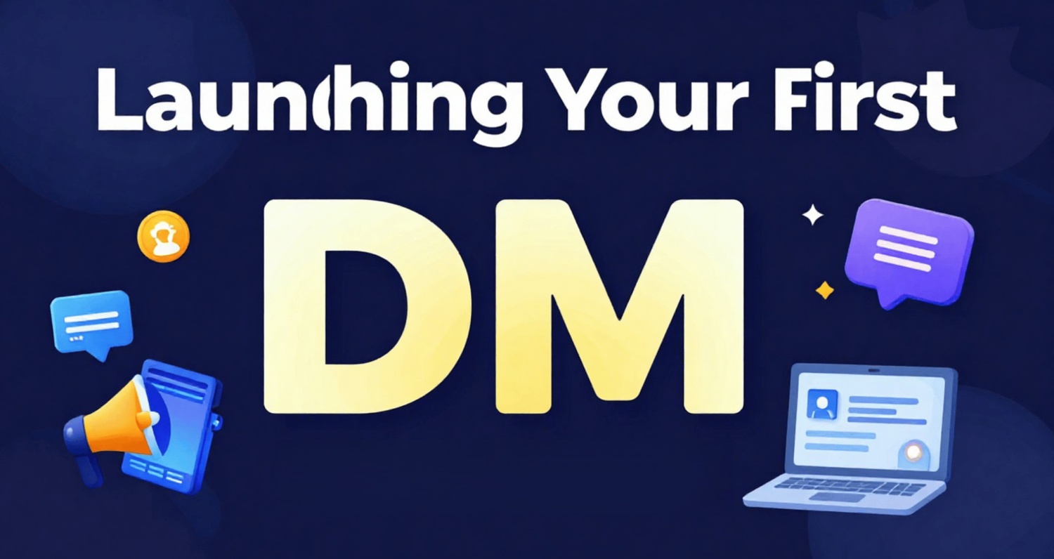 This image acts as the "Cover Page" for your automation strategy, signaling the transition from planning to execution. It features bold, high-contrast text that says "Launching Your First DM" alongside icons representing communication and digital marketing tools.