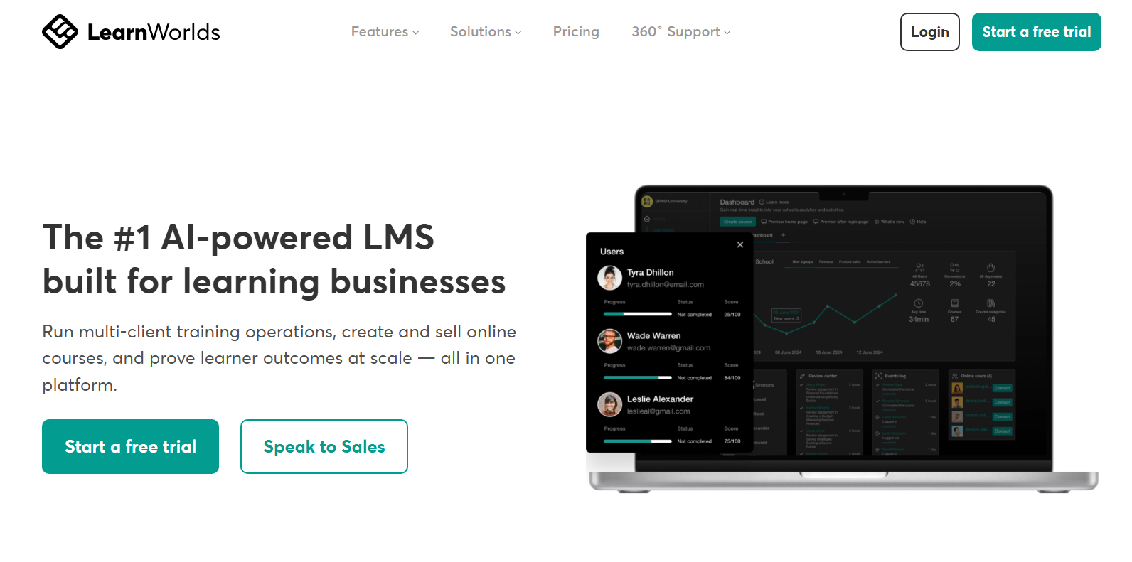LearnWorlds AI-powered LMS homepage showing its dashboard interface on a laptop, with options to create and sell online courses and manage learner outcomes.