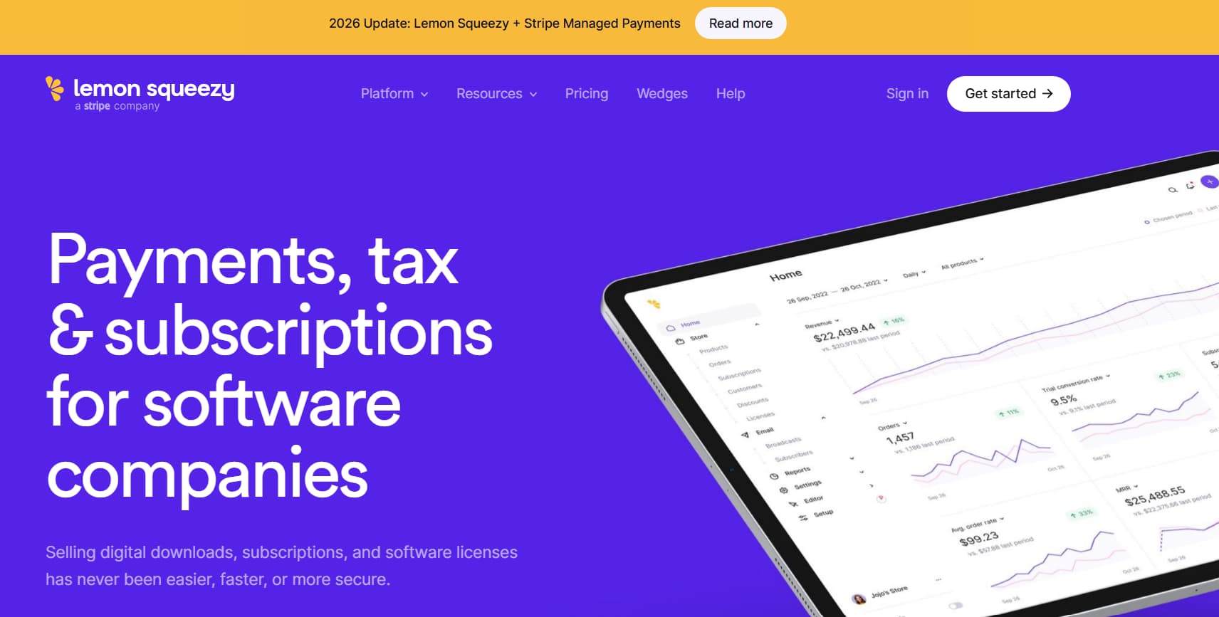 Lemon Squeezy homepage showing its software payments platform with the headline 