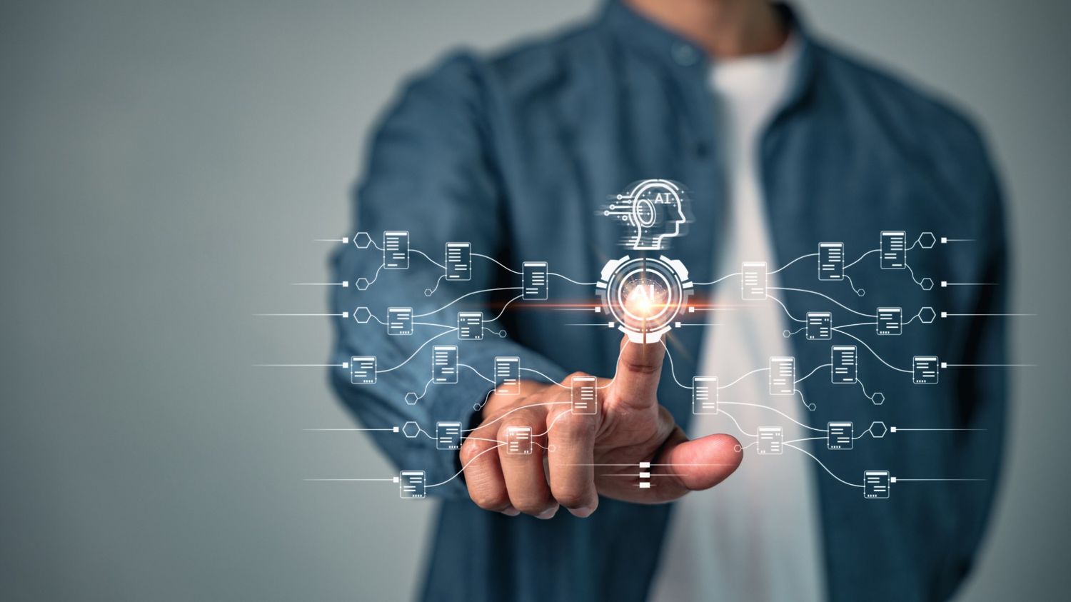 This image shows a person in a casual denim shirt interacting with a glowing digital interface that represents an AI-driven neural network. The central "AI" node branches out into various data points and user profiles, illustrating the process of automated lead qualification.  Continuing with your focus on digital marketing and SEO, this visual is a perfect representation of the "middle of the funnel"—where raw traffic is sorted and filtered using intelligent technology.