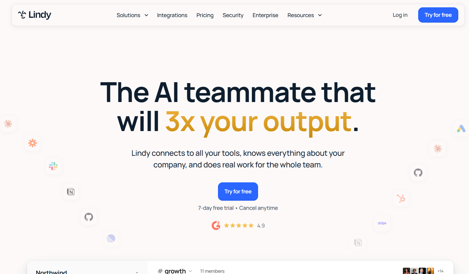 Lindy AI teammate webpage showcasing an AI assistant that connects business tools and automates work to increase team productivity.