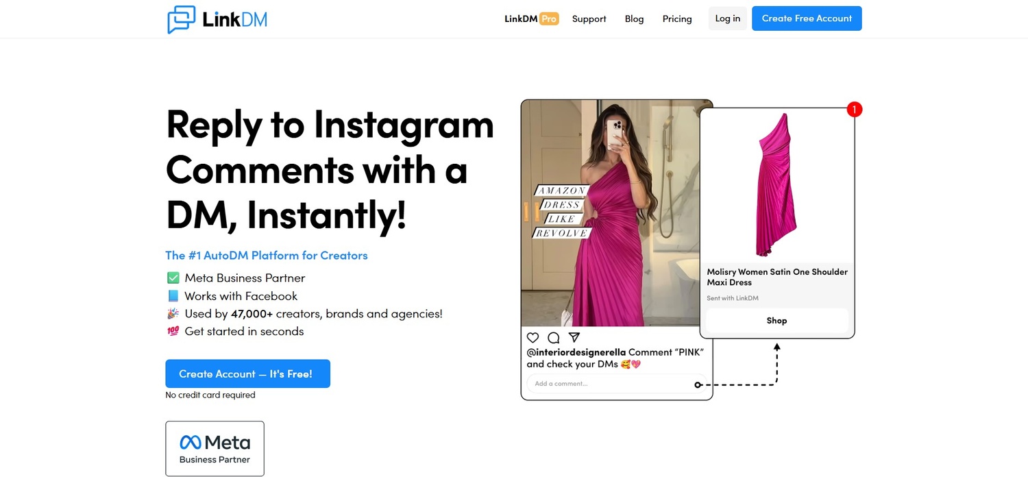 LinkDM landing page showcasing the headline "Reply to Instagram Comments with a DM, Instantly!" with a visual of an Instagram post triggering an automated product link message.