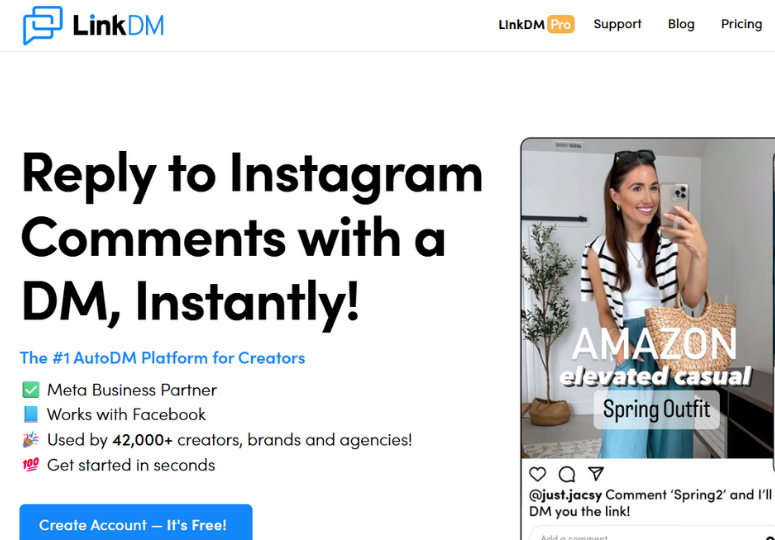 LinkDM website homepage with the headline “Reply to Instagram Comments with a DM, Instantly!” The page highlights features like Meta Business Partner integration, Facebook compatibility, and usage by over 42,000 creators and brands. A preview on the right shows an Instagram post with a call-to-action prompting users to comment for a DM link.