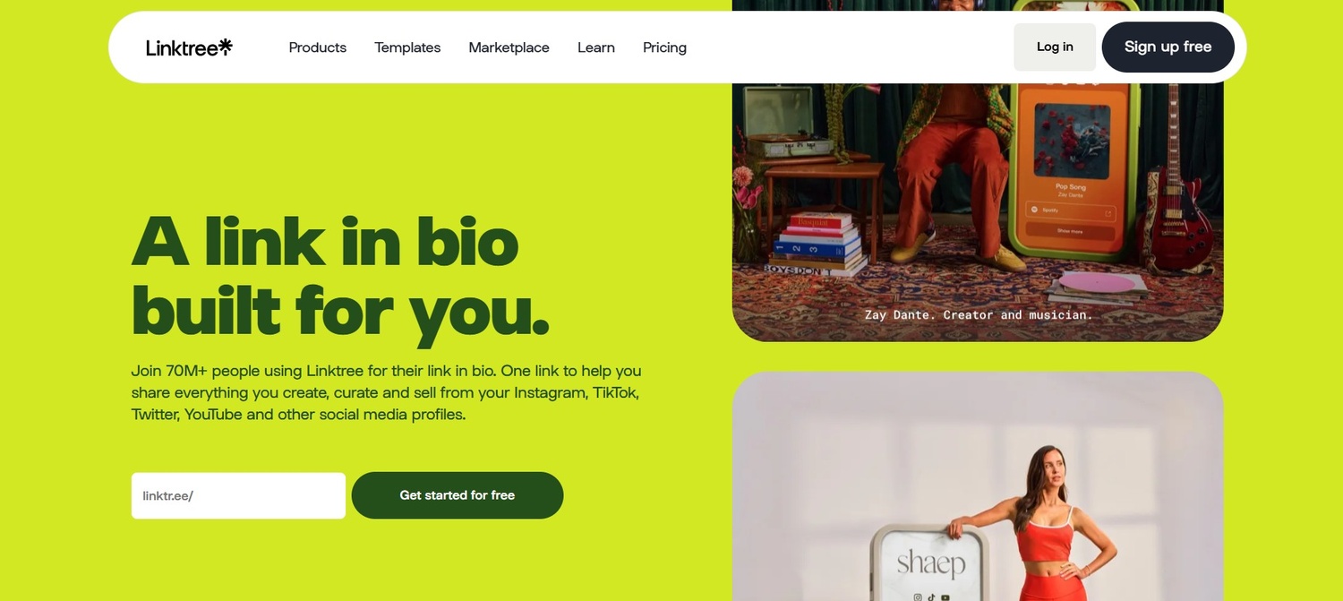 A screenshot of the Linktree landing page featuring a lime green background and the headline 'A link in bio built for you.' It shows a sign-up box and images of diverse creators using the platform.