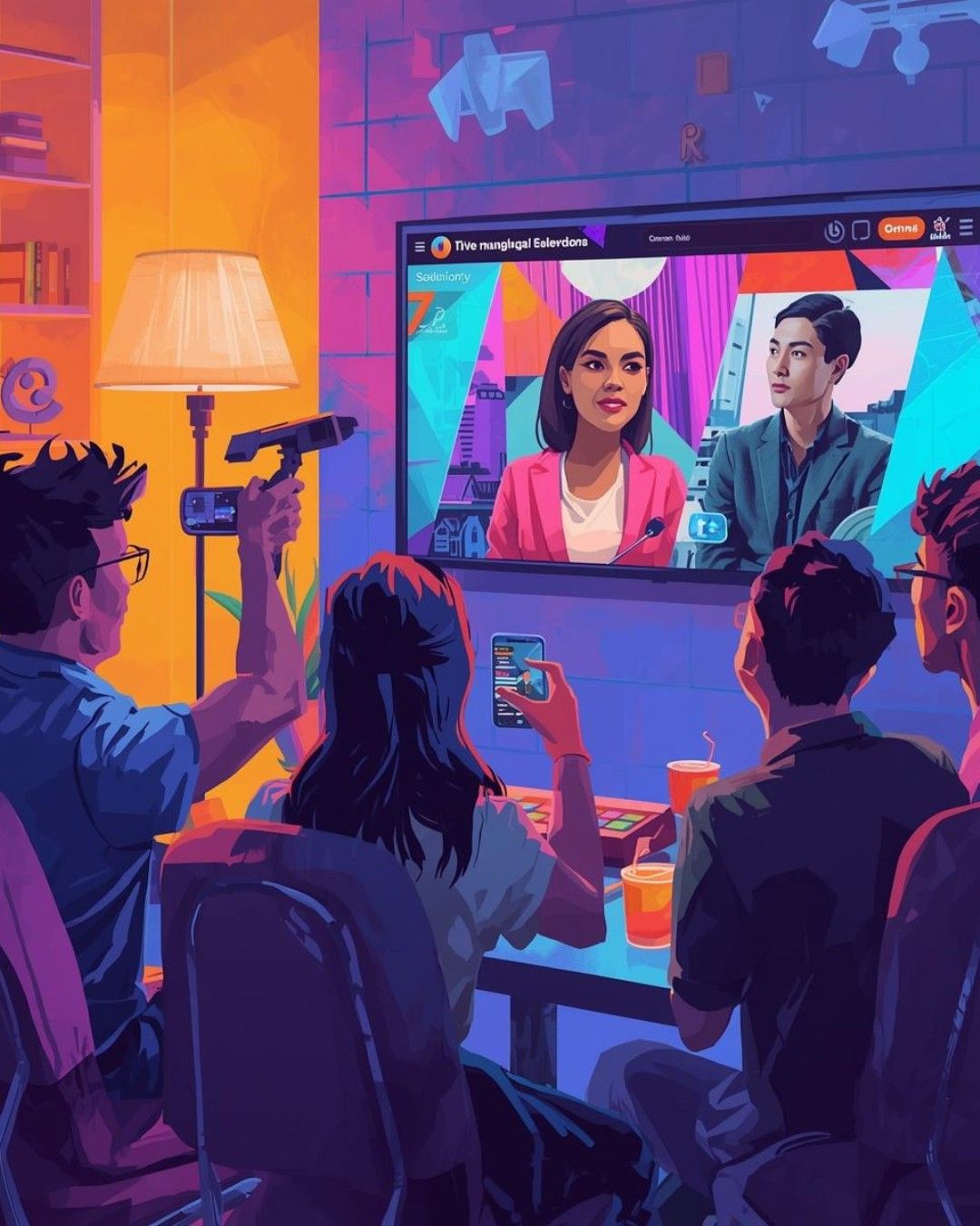An artistic illustration showing a group of creators in a vibrant, purple and orange-toned studio watching a split-screen live stream on a large monitor. The screen displays two presenters, while the creators in the foreground use smartphones and cameras to engage with and record the broadcast, representing the collaborative nature of modern live-stream monetization.