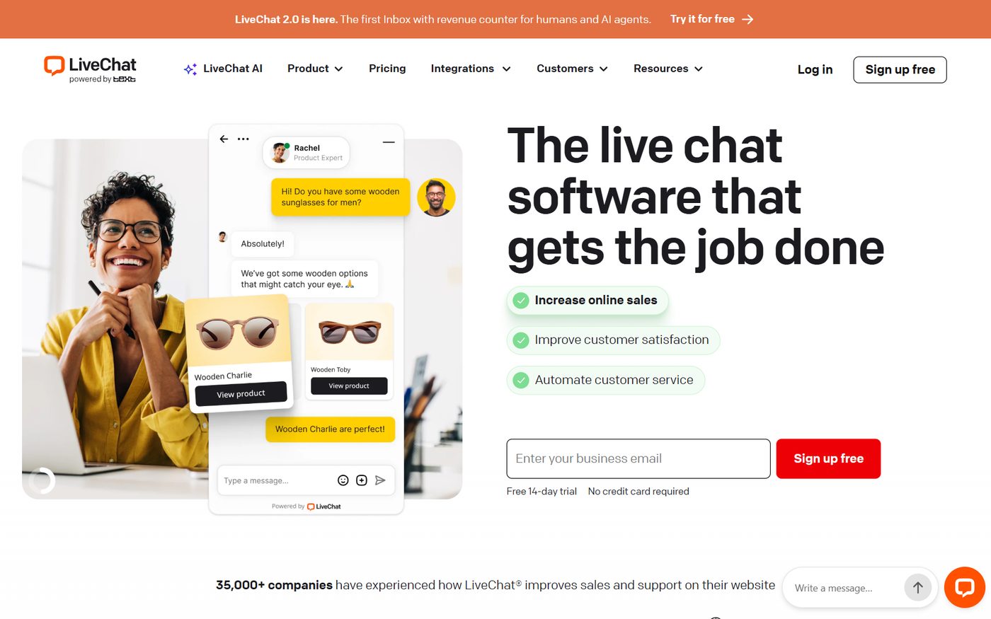 LiveChat homepage screenshot, August 2026