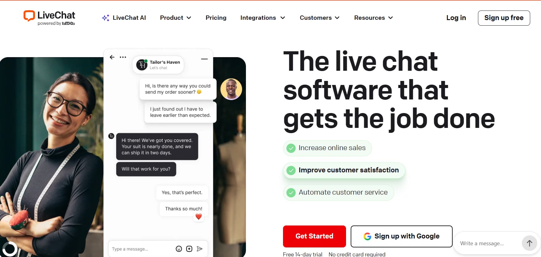 LiveChat website homepage showcasing live chat software for increasing online sales, improving customer satisfaction, and automating customer service.