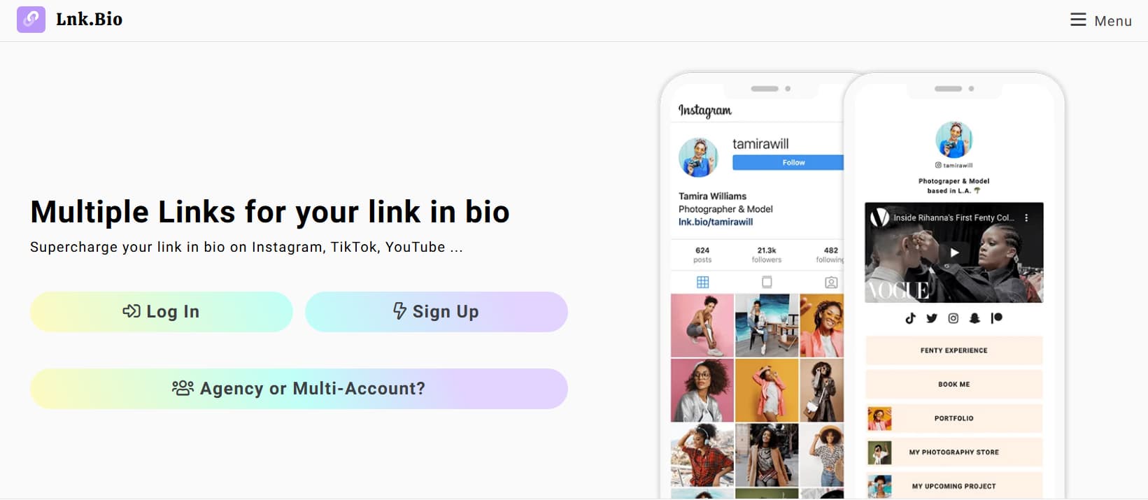 Lnk.Bio homepage promoting a link-in-bio tool with the headline 