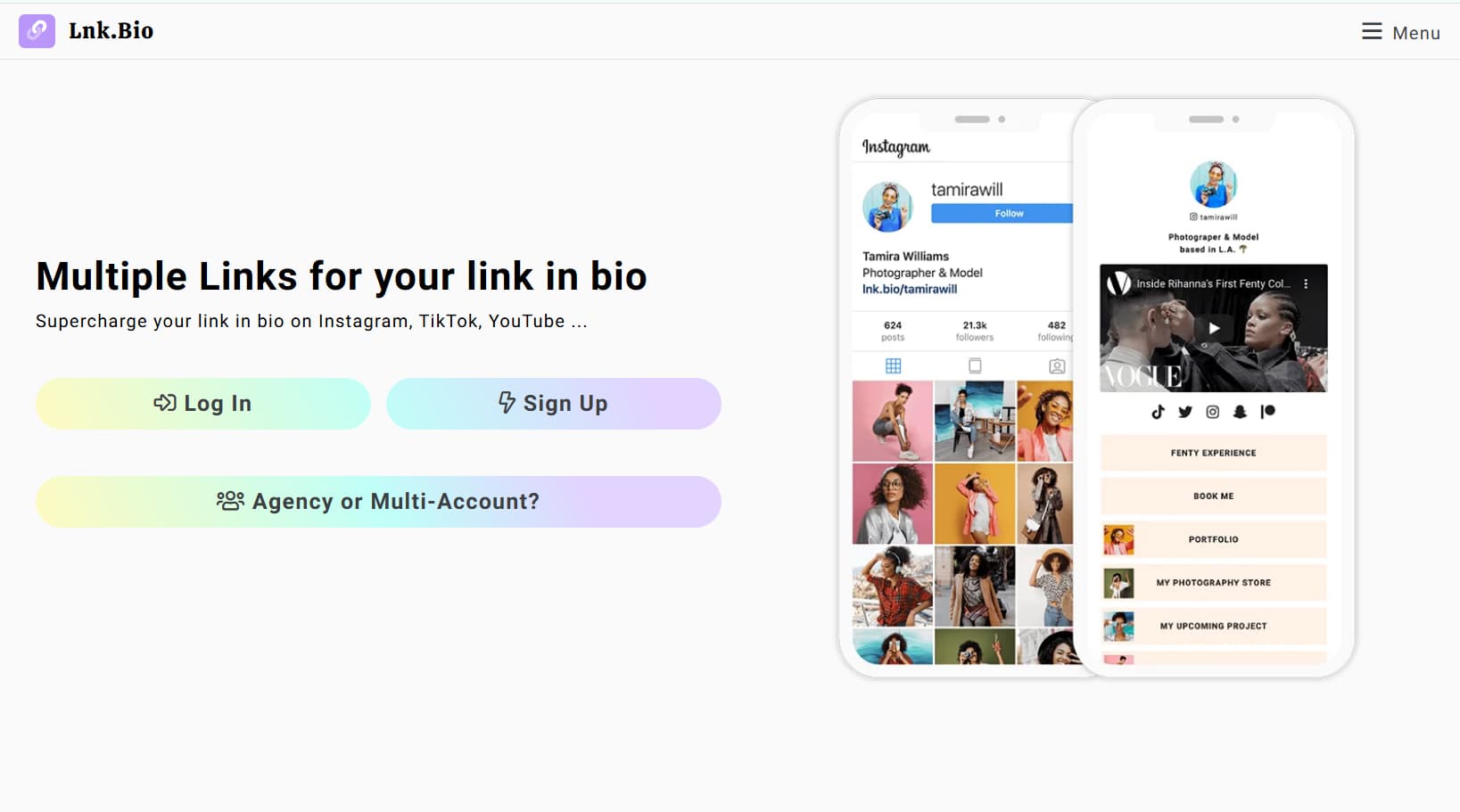 Screenshot of the Lnk.Bio homepage showing the headline