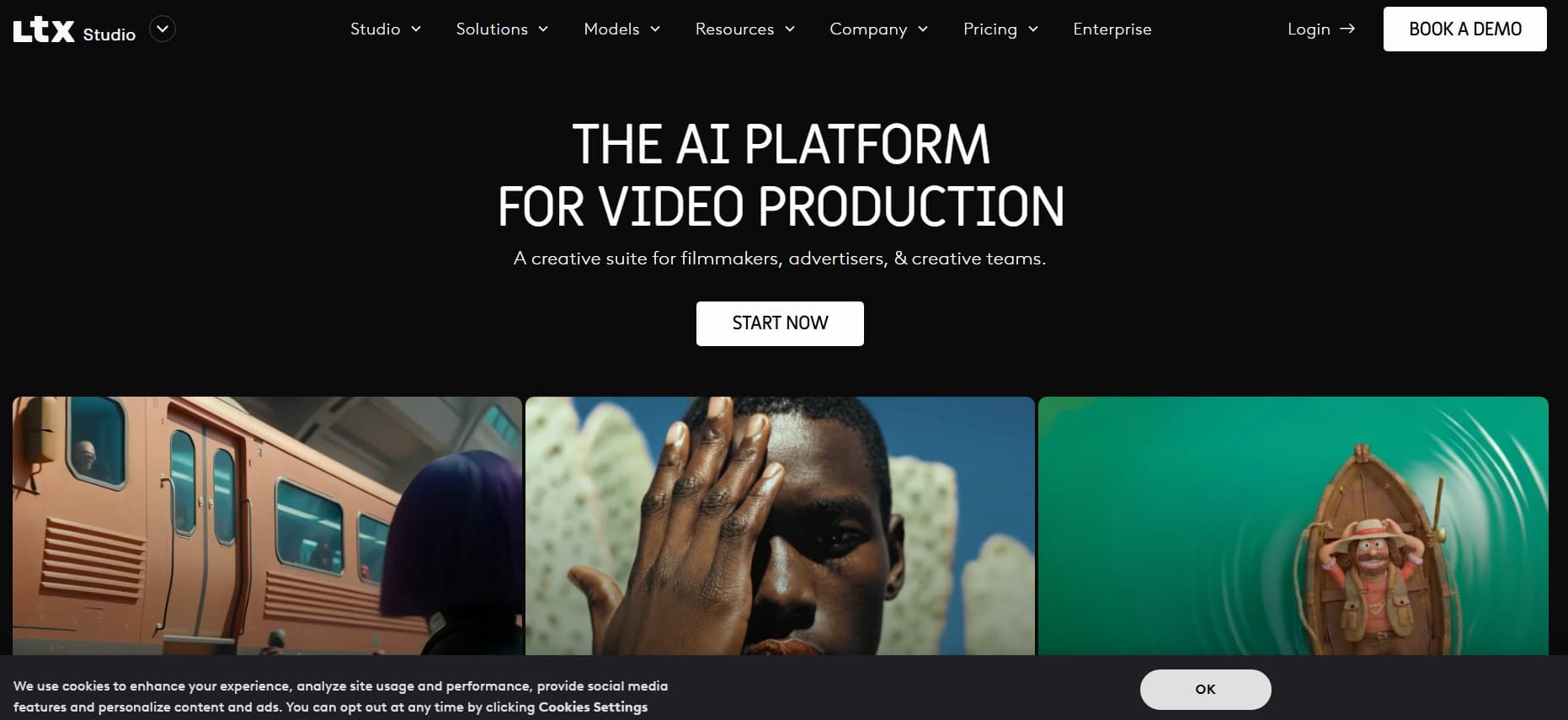 LTX Studio homepage showcasing its AI video production platform with the headline 