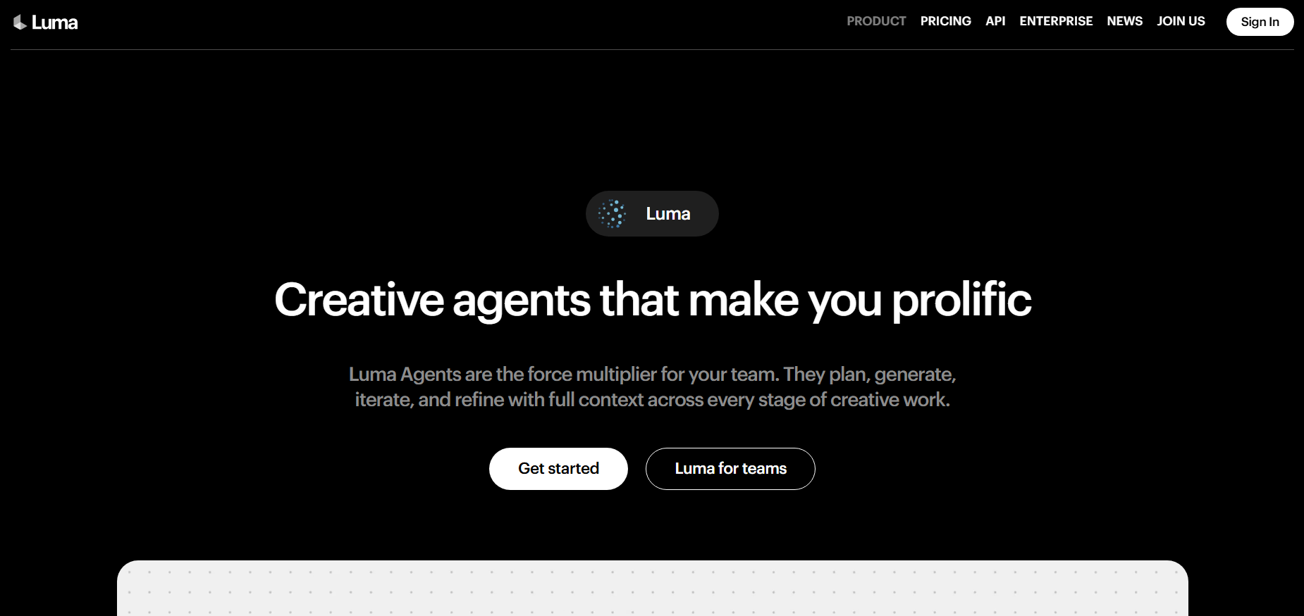 Luma AI homepage featuring the headline 