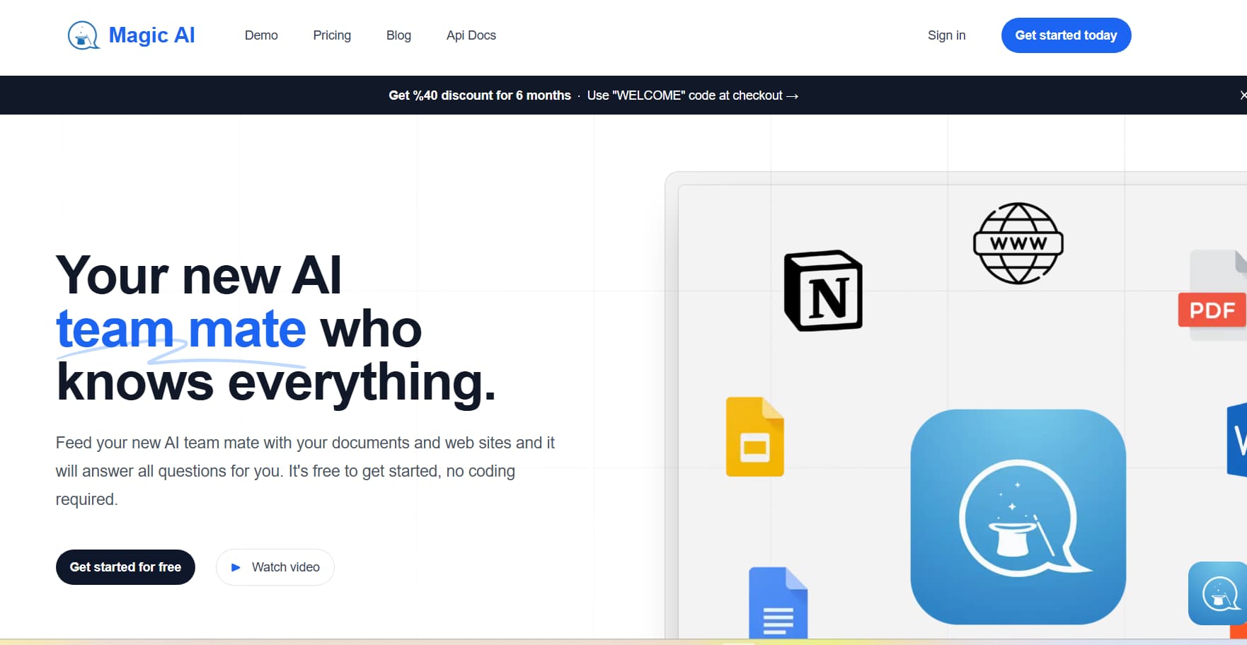 Screenshot of the Magic AI homepage promoting an AI knowledge assistant that answers questions using documents and websites, featuring integrations with Notion, Google Docs, PDFs, and web pages, along with a 'Get started for free' button.”