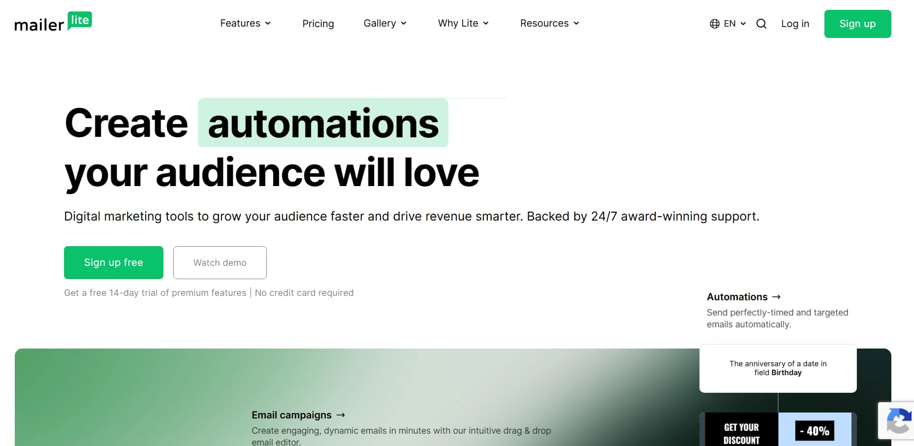 MailerLite homepage promoting its email marketing platform with the headline 
