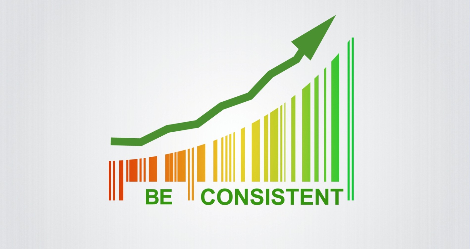A bar chart transitioning from orange to green with a rising arrow above the words "BE CONSISTENT," illustrating the relationship between regularity and growth.