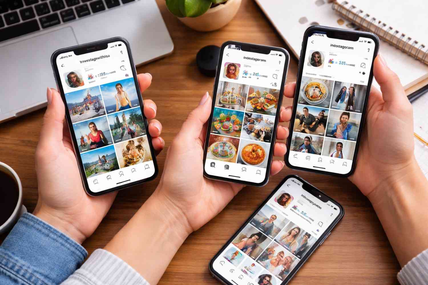 Top-down view of several people holding four different smartphones over a wooden desk, each displaying a unique Instagram profile grid with diverse content.