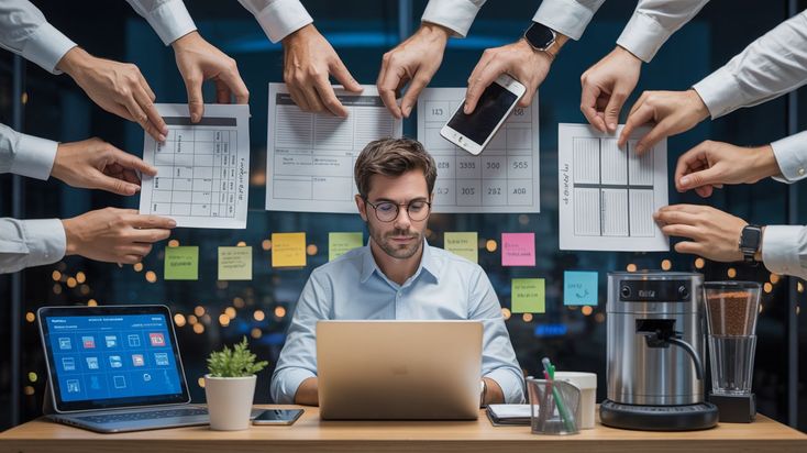 A man in glasses sitting at a desk working on a laptop while being surrounded by many floating hands holding various documents, calendars, and a smartphone.