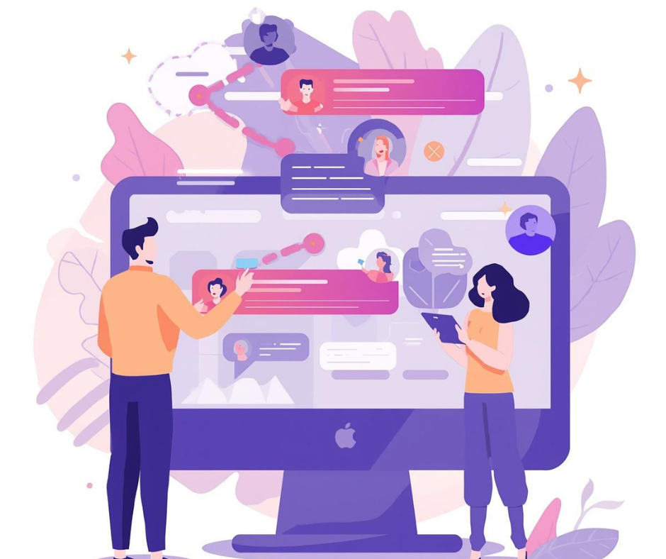 This stylized illustration features two people managing a large volume of digital interactions on a desktop monitor. Floating speech bubbles with user profiles represent story replies and direct messages, highlighting the collaborative and technical effort required to maintain high levels of audience engagement in a professional digital marketing or creator environment.