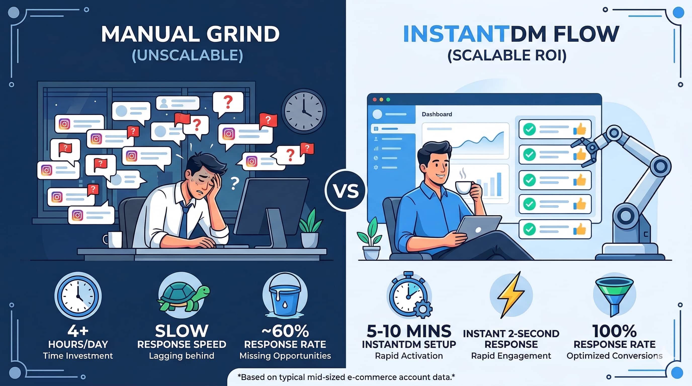 "Infographic comparing Manual Instagram Replies vs. InstantDM Automation ROI. The left side shows a stressed manager with a 4+ hour daily workload and 60% response rate. The right side shows a calm manager using InstantDM with a 5-10 minute setup, instant 2-second response times, and 100% lead capture. Text at bottom: Based on typical mid-sized e-commerce account data."